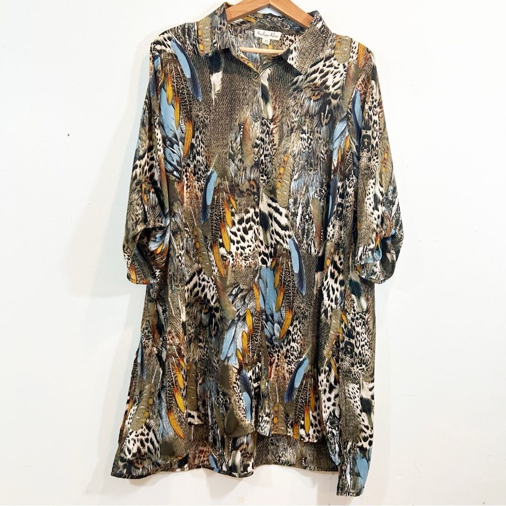 Indigo Rose Bird Feathers Print Long Tunic Bright Blue Gold Taupe 3/4 Tab Sleeve
